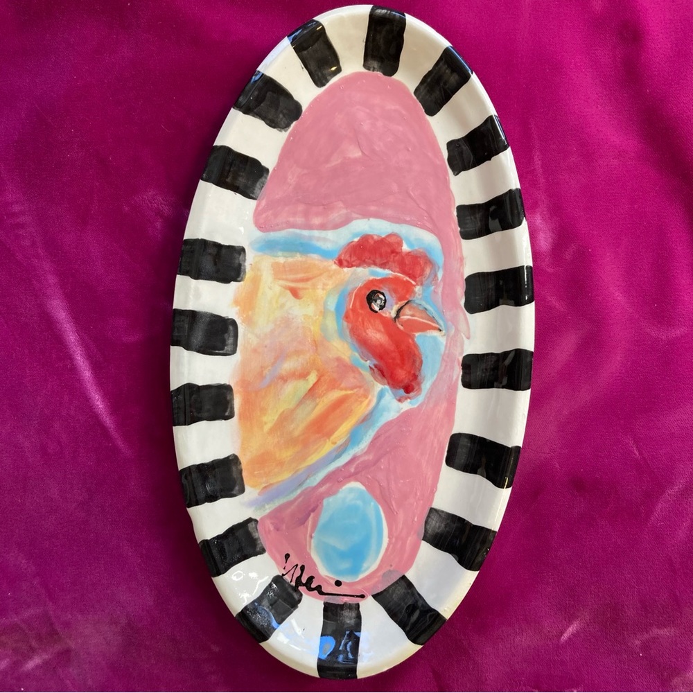 Handmade Ceramic Serving Tray Chicken And Egg 10”.5”x5.5” Original